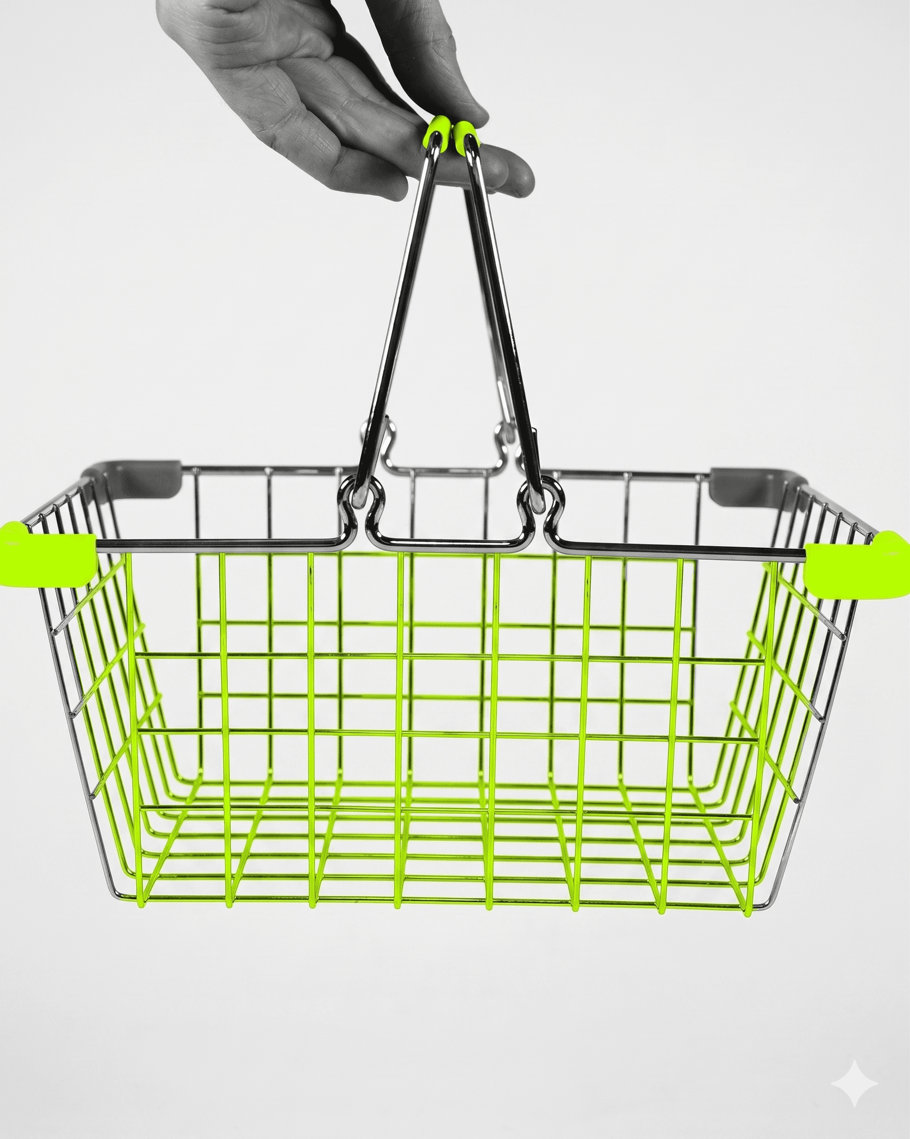 Hand holding an empty wire shopping basket with neon green accents against a black and white background, representing a customisable "build your own" service package.