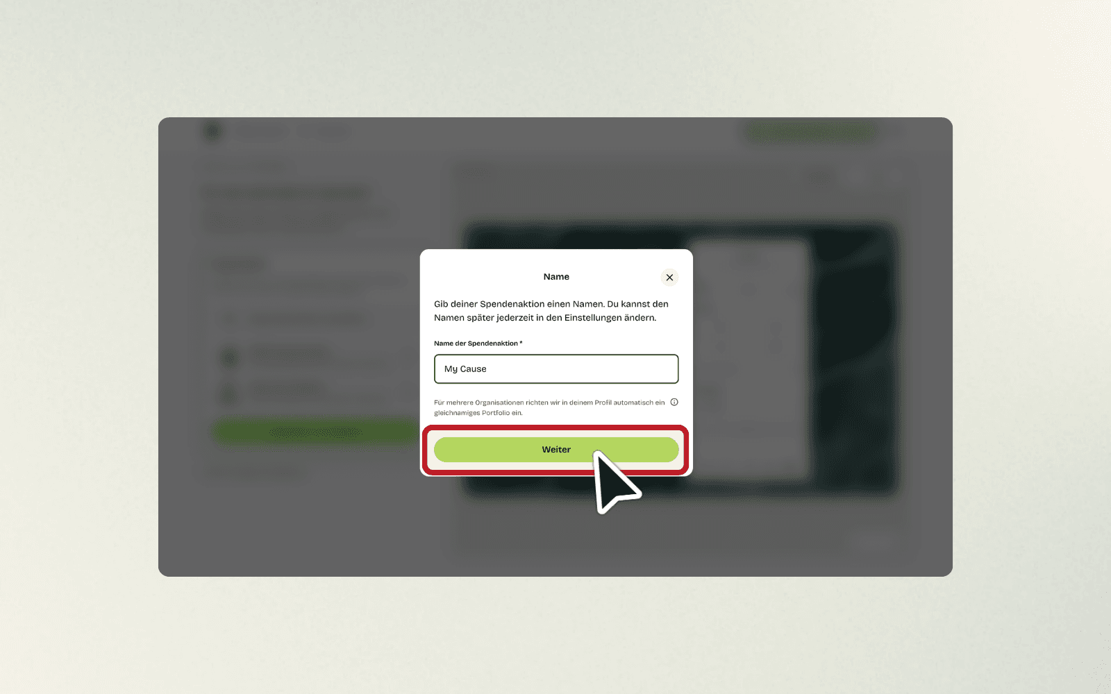 Eingabemaske zum Benennen der Spendenaktion mit Textfeld und grünem Weiter-Button.