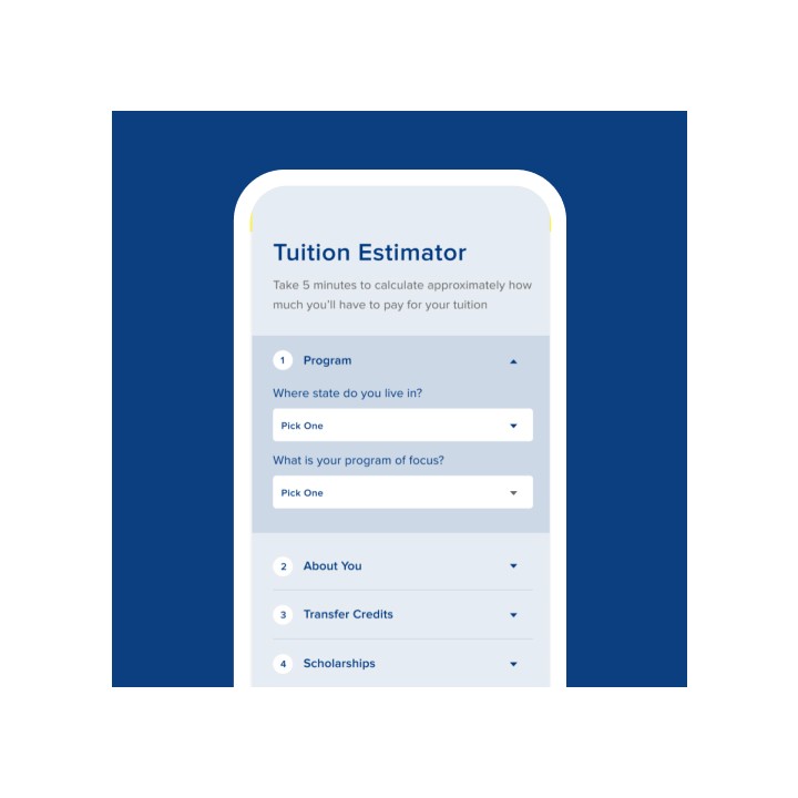 Mobile interface of a Tuition Estimator on a blue background. It shows dropdowns for selecting state and program focus, part of a multi-step process.