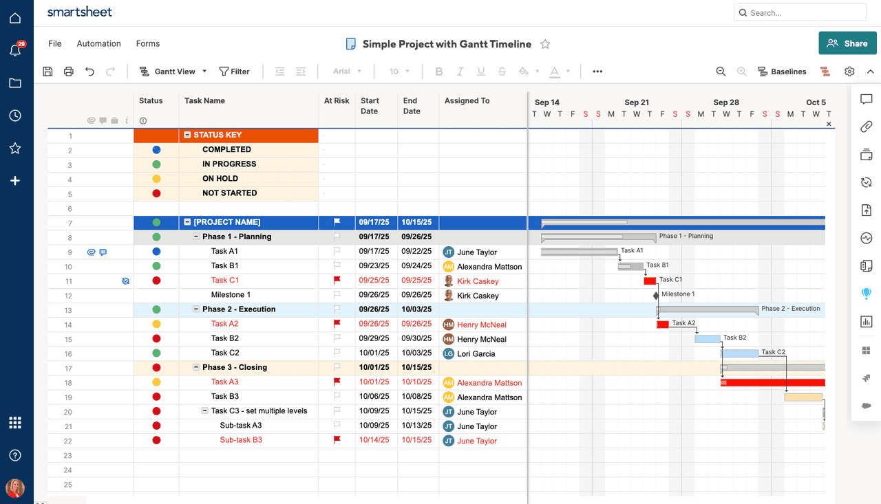 Smartsheet Gantt chart combining spreadsheet data and timelines.