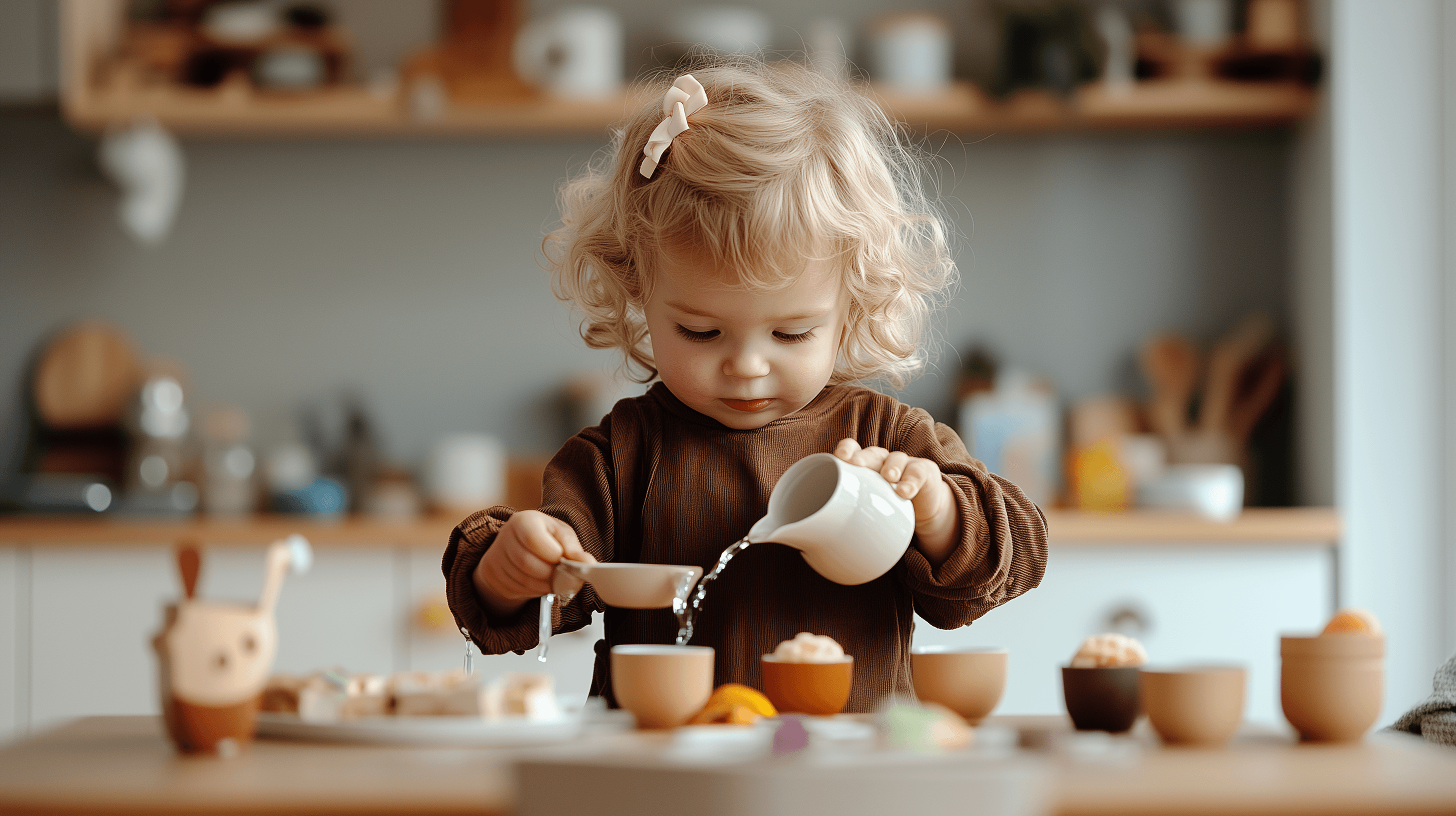 Young child pouring water in a Montessori