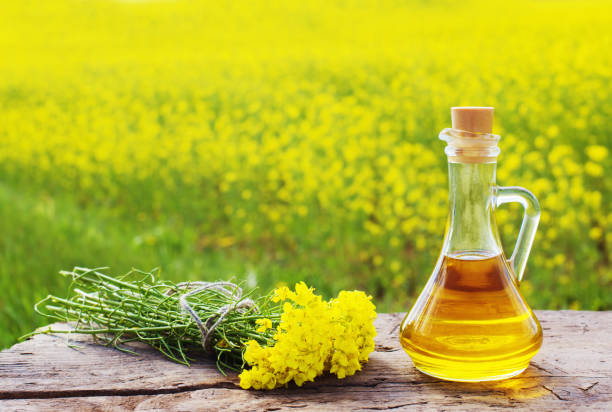 mustard oil in a glass jar and some fresh mustard flowers next to the jar