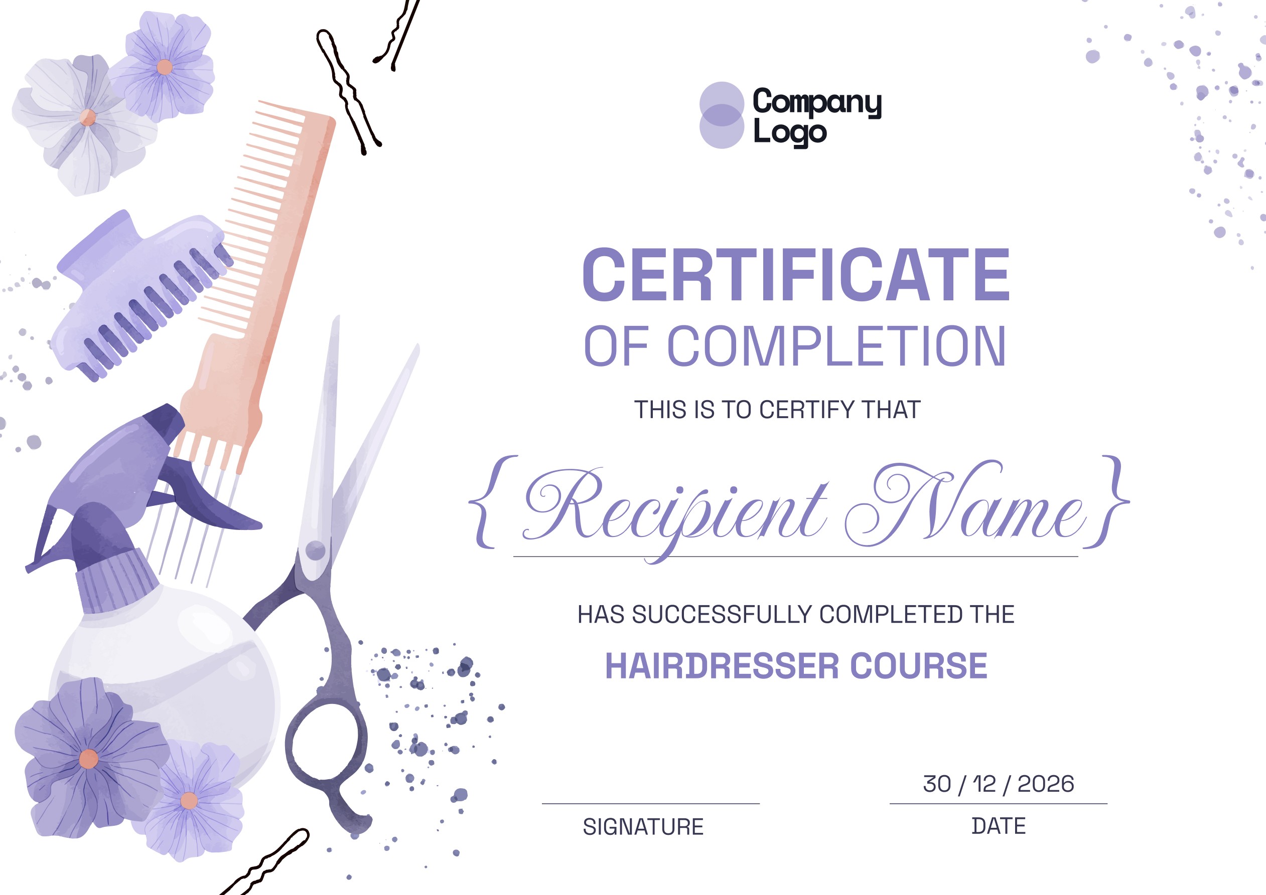 Wauld - Vivid and illustrated hairdresser course completion certificate template