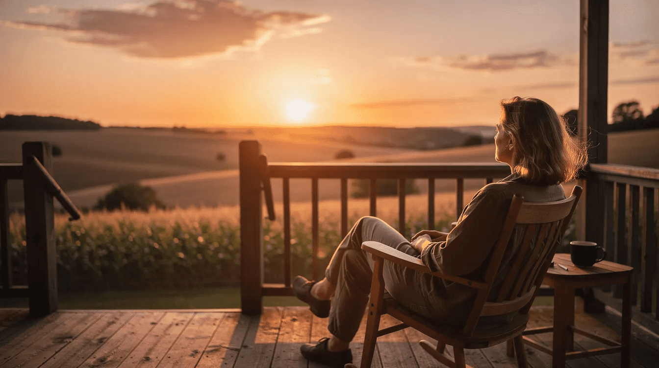 A calm person sits peacefully on a porch, overlooking serene farmland bathed in the warm glow of sunset, embodying a sense of financial independence and control over their personal life. This tranquil scene reflects the importance of portfolio diversification and the avoidance of concentration risk, allowing for a stress-free future amidst the complexities of wealth management.