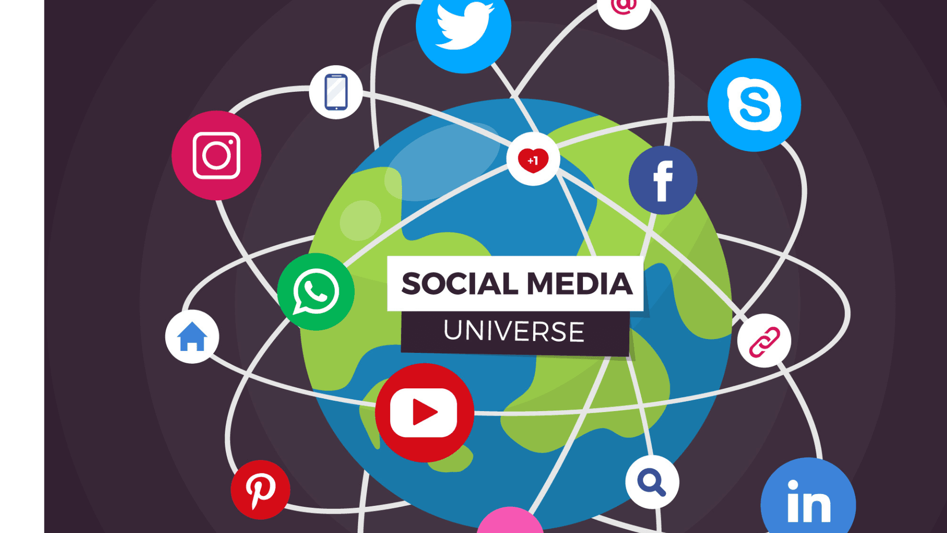 1. A vibrant depiction of the social media universe featuring various recognizable social media icons interconnected.