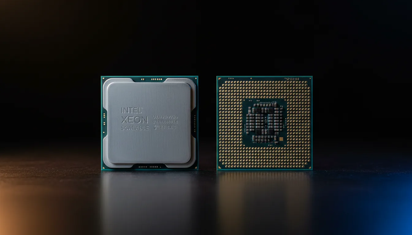 DSLR product photography of two Intel Xeon Scalable Processor CPUs standing vertically side-by-side on a dark surface against a pure black background. The CPU on the left shows its brushed metal heat spreader, while the CPU on the right shows its underside with the dense grid of golden contact pads. Soft studio lighting creates cinematic contrast, highlighting the intricate textures of the hardware with sharp focus across the entire image.