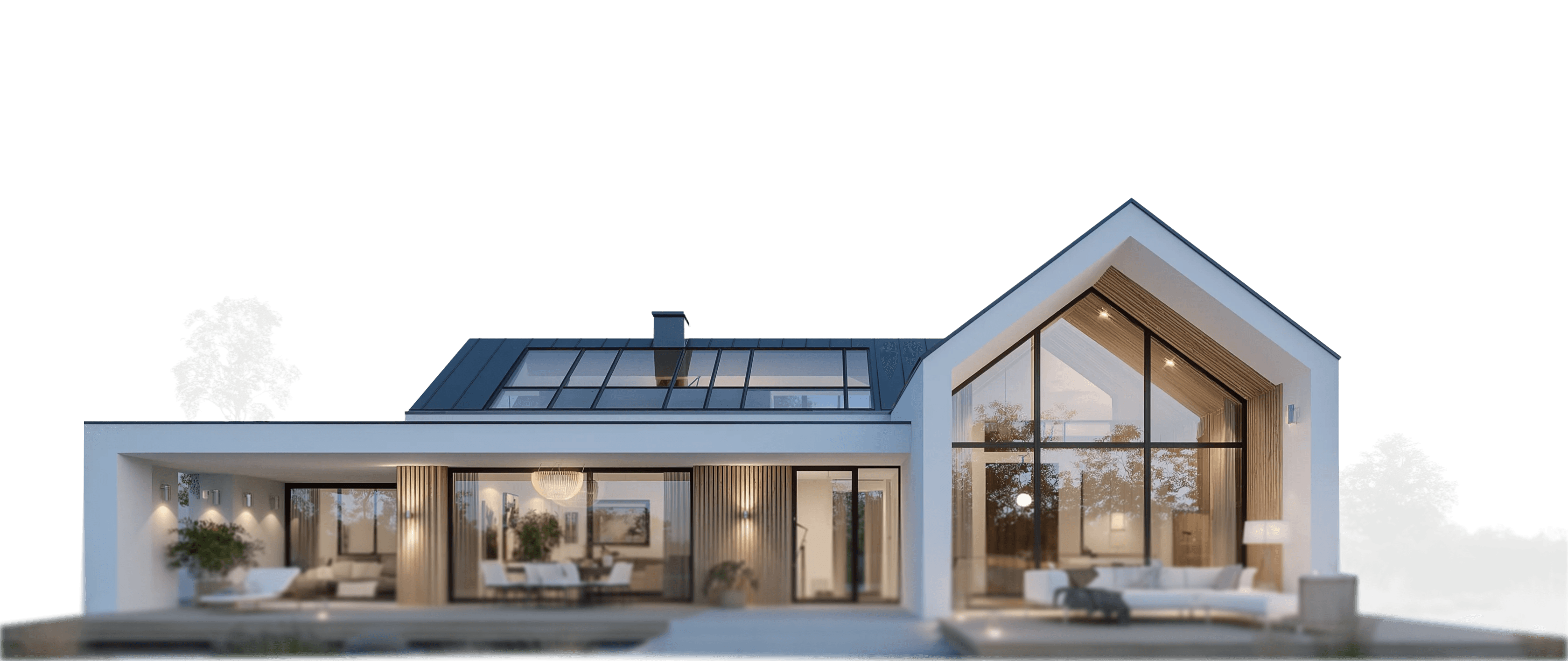 Modern luxury house with a gabled glass facade and a flat-roofed terrace, warmly illuminated against a twilight blue sky.