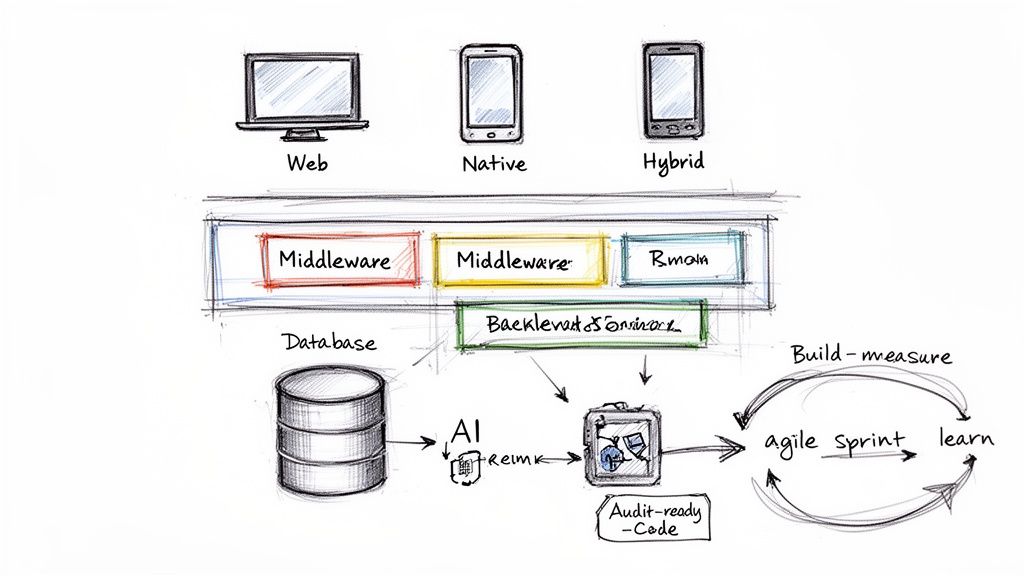 System architecture diagram showing frontend apps, middleware, database, AI, and an agile build-measure-learn cycle.