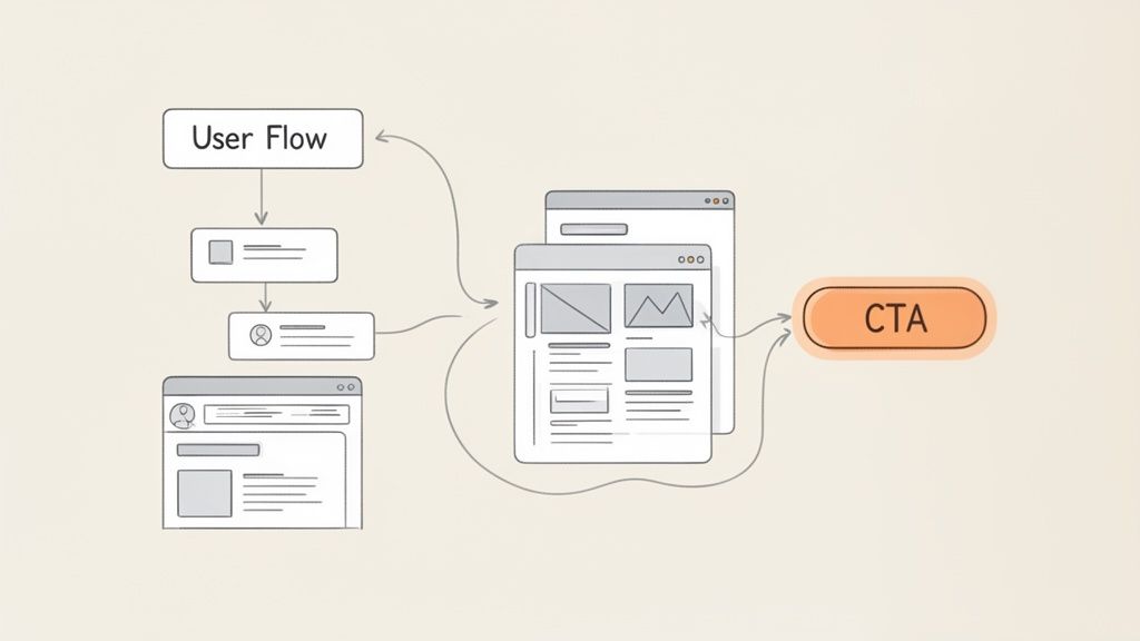 A user flow diagram illustrating website navigation, interactive pages, and a call to action.