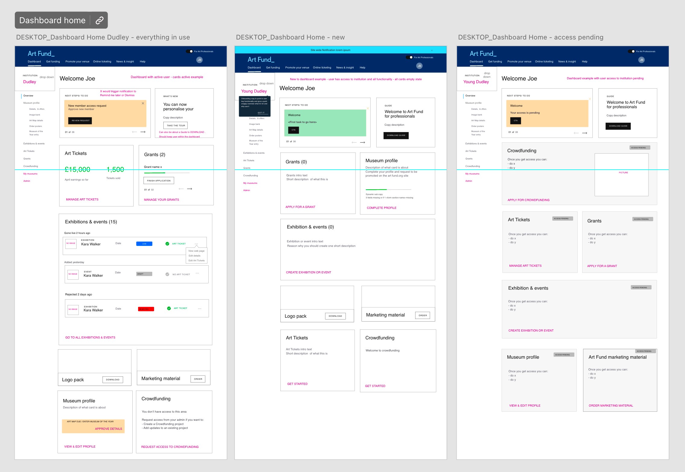 Wireframes of professional dashboard