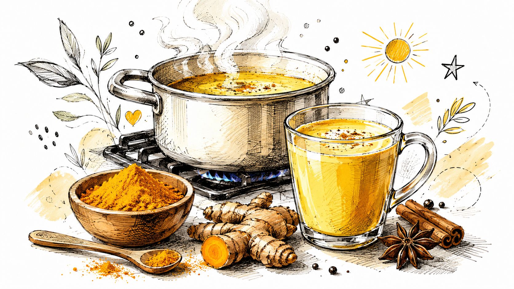 A hand-drawn sketch of golden turmeric milk preparation with fresh ginger, spices, and a boiling pot.