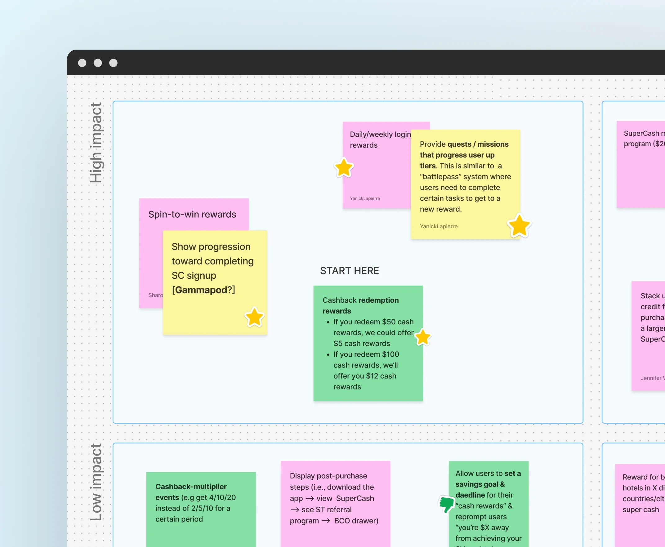 UX workshop board showing sticky notes grouped by impact, highlighting ideas like quests and missions to improve Super.com’s reward system and boost user progression clarity.