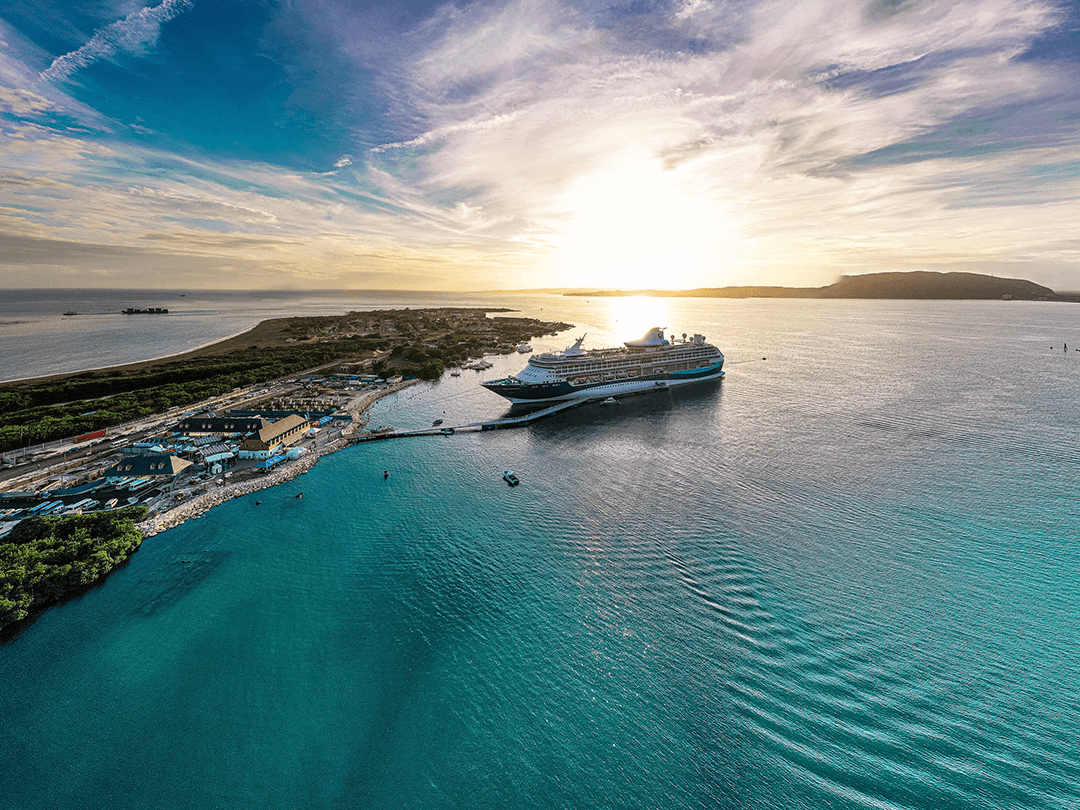 Aerial view of a cruise ship docked at Port Royal, with a SeaWalk floating pier extending from a coastal settlement, with calm turquoise water and shoreline facilities surrounding the vessel.