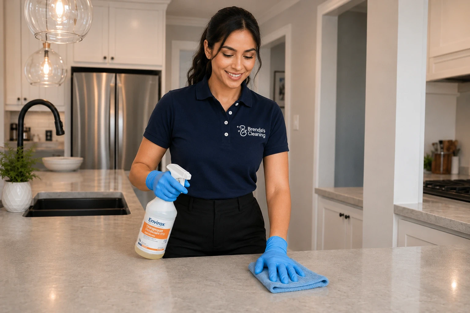 A smiling residential house cleaner with Brenda's Cleaning service disinfecting a bright quartz kitchen island countertop. She is holding a spray bottle of Envirox Orangequat Disinfectant RTU Sanitizer in one hand while wiping the surface with a blue microfiber cloth with the other. Dressed in a company-branded navy blue polo shirt, black trousers, and blue protective gloves, she highlights eco-friendly house cleaning, commercial-grade residential disinfecting, and premium maid services inside a modern luxury kitchen with white cabinetry and a stainless steel refrigerator in the background.