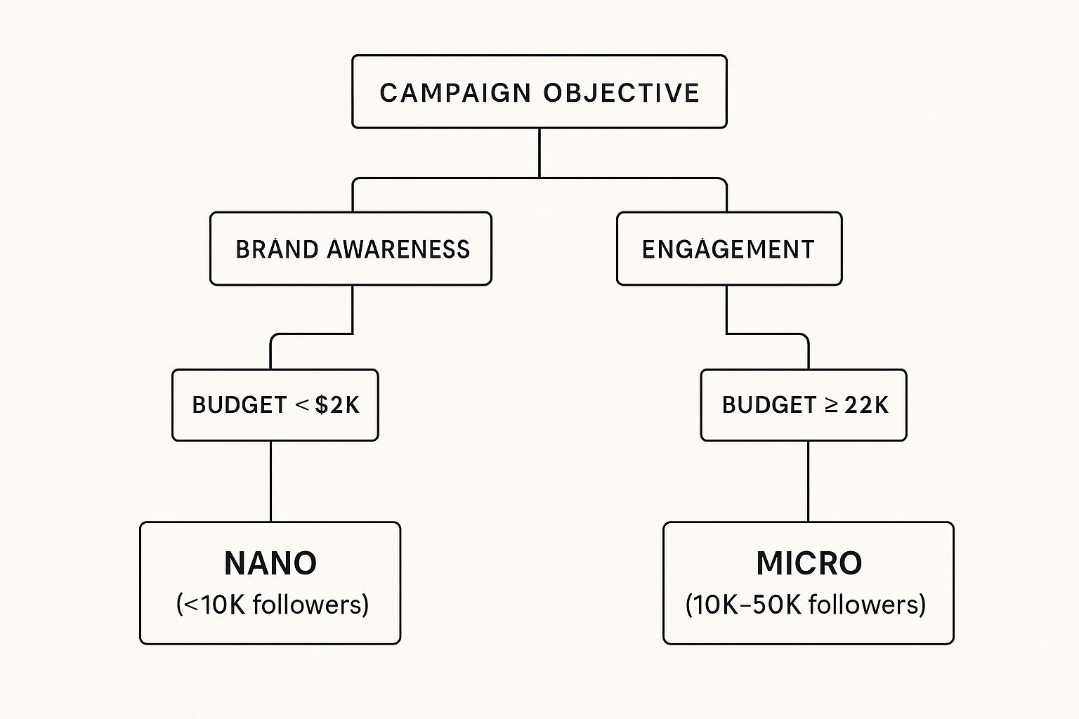 A decision tree showing how campaign objectives and budget lead to choosing nano or micro-influencers.