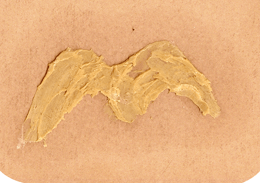 The letter M written in peanut butter on a Walmart birthday card.
