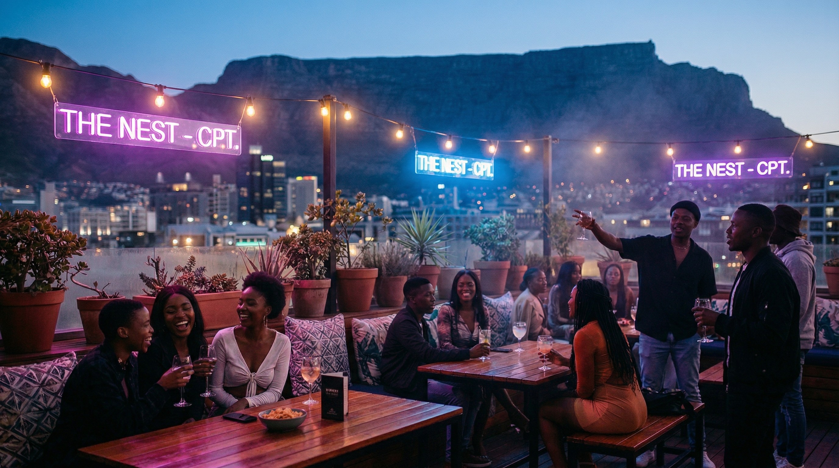 Young Africans socialising at a vibrant rooftop bar in Cape Town at night with city lights in the background