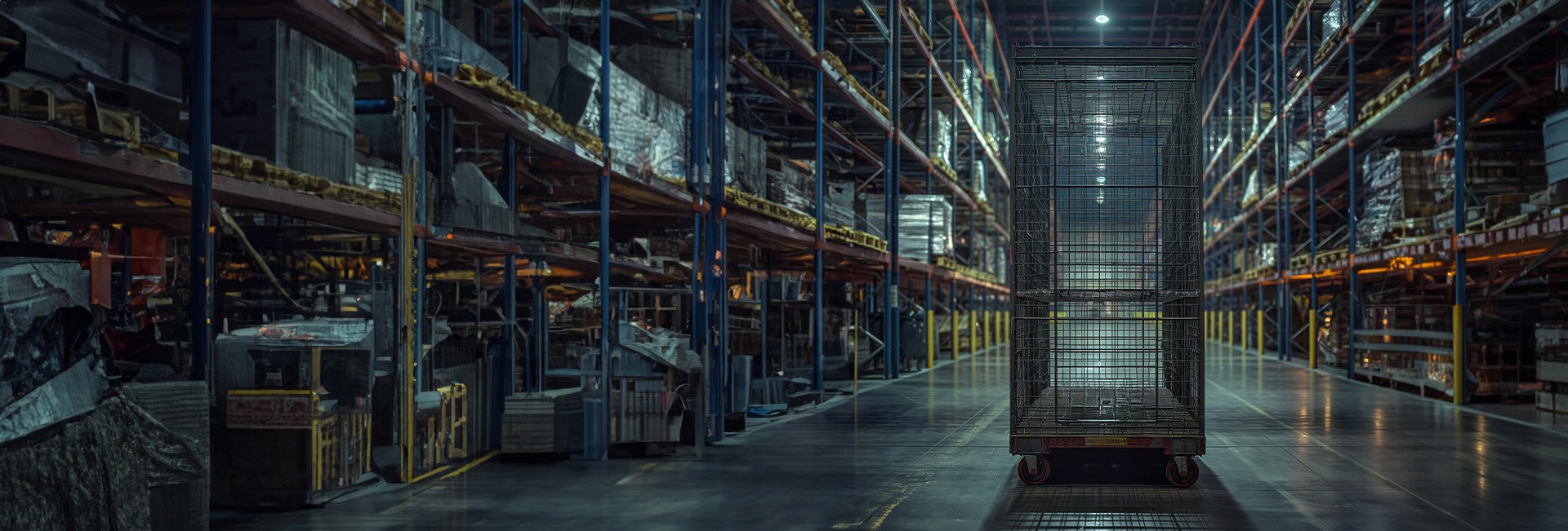 big warehouse with high racks at the edges. In the middle there is a roll cage.