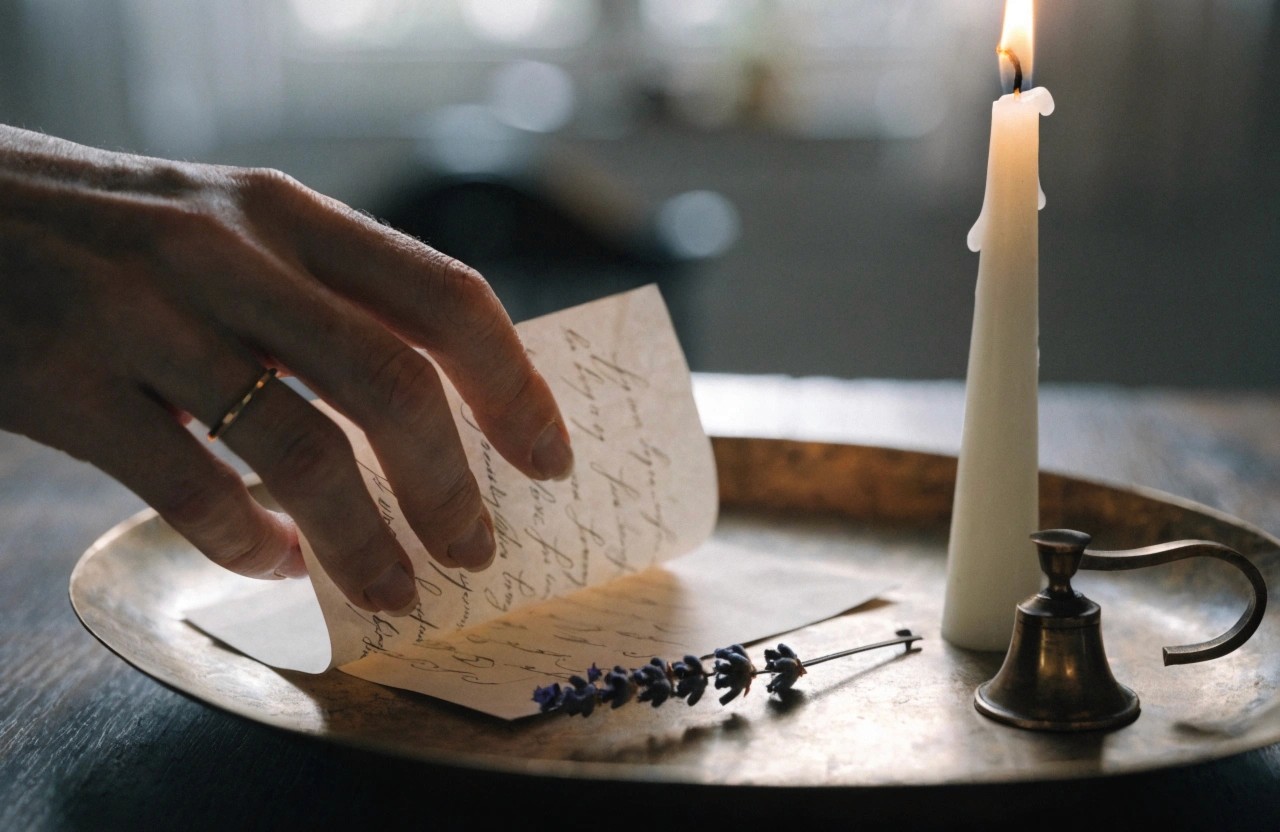 A realistic macro photograph of a hand gently placing a beautifully handwritten letter onto an #8C7D64 Aged Bronze tray next to a lit, glowing #F3F6FA Off-White taper candle. The flame casts a warm, "calid" glow with heavy chiaroscuro shadows falling across the table.
