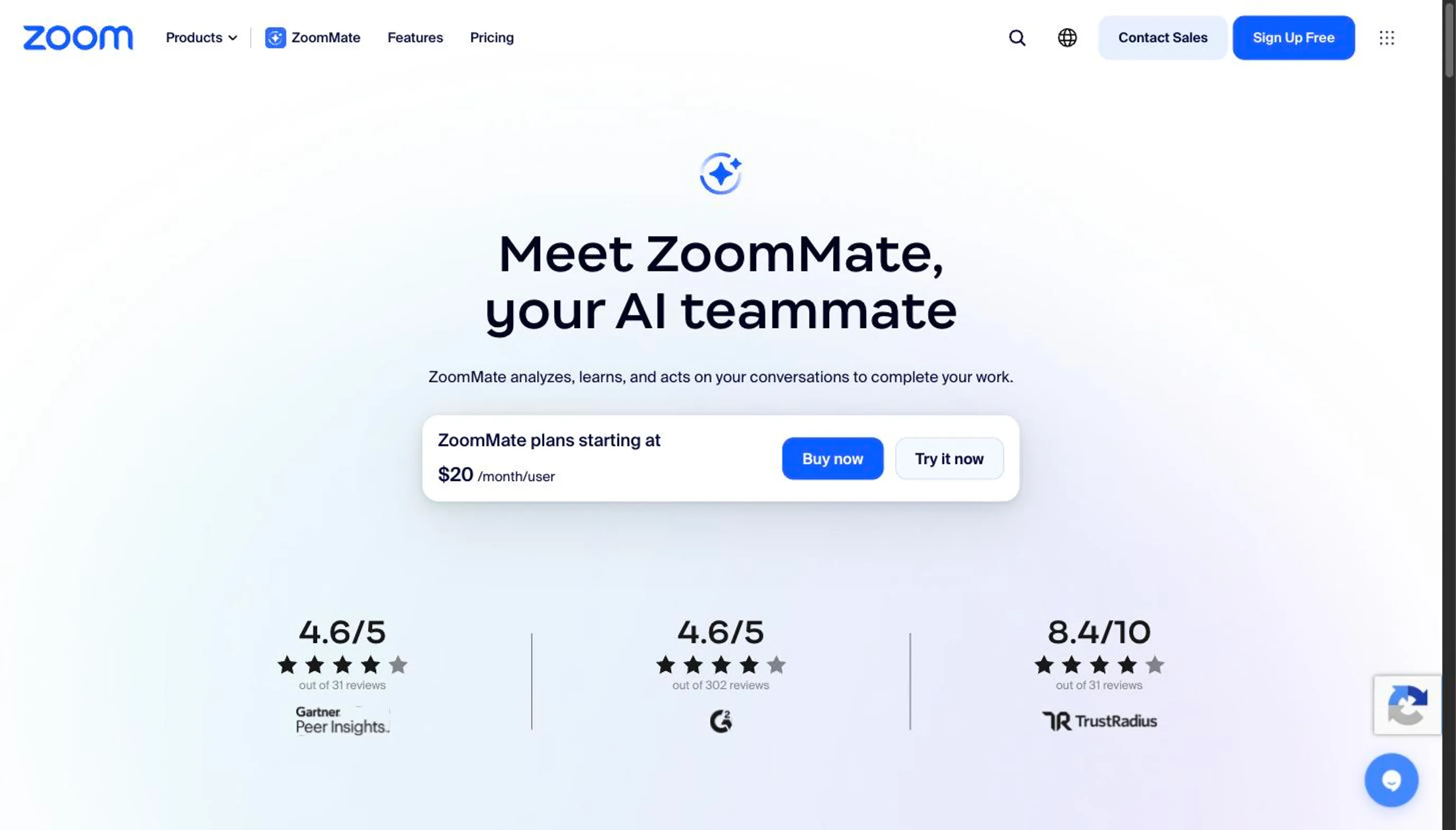 The ZoomMate product page, showing plans starting at 20 dollars per user a month