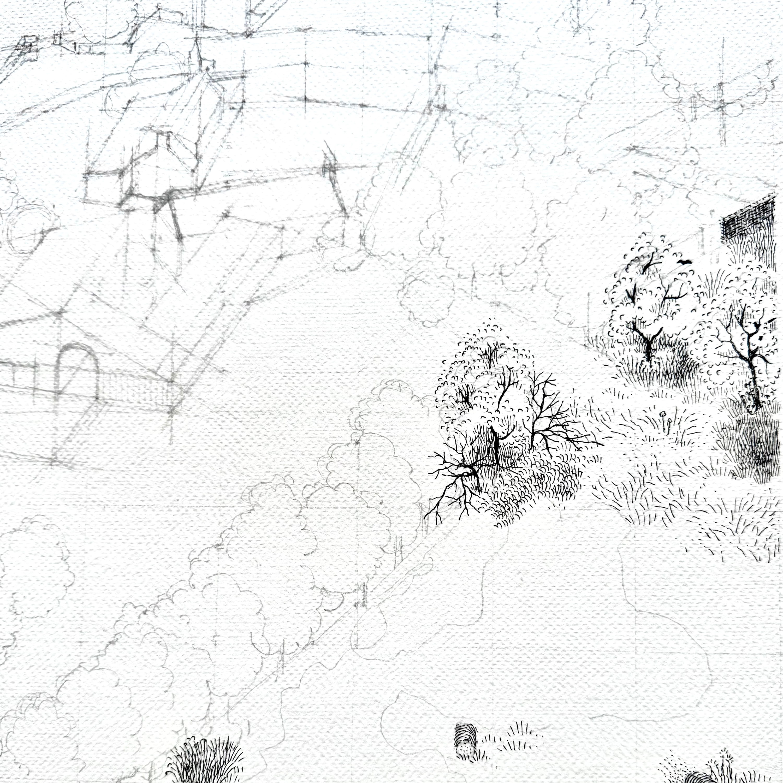 A textured white surface with faint black markings, resembling abstract shapes or patterns.