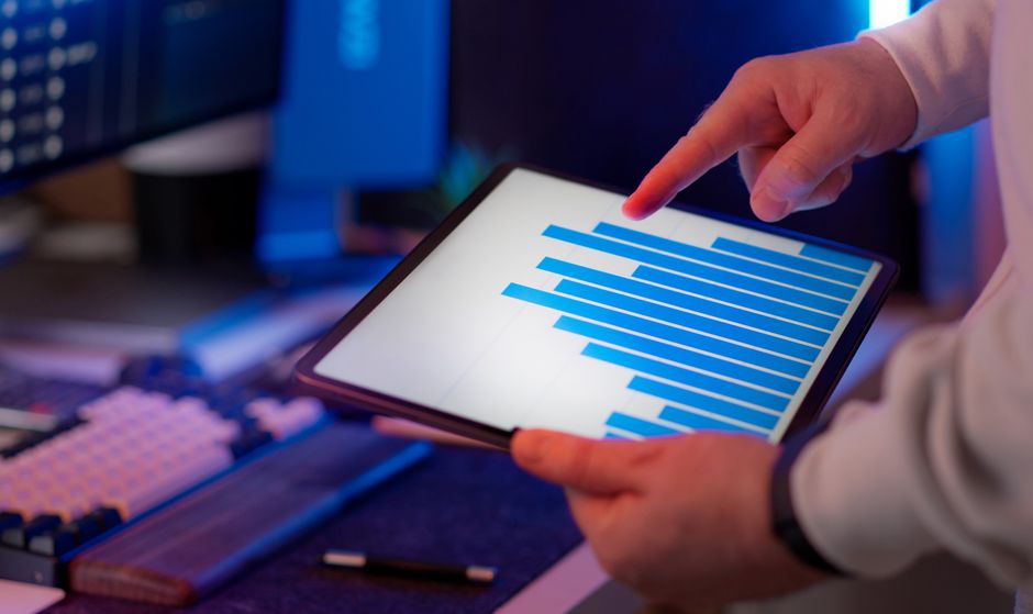 Data analyst reviewing search metrics on a dashboard