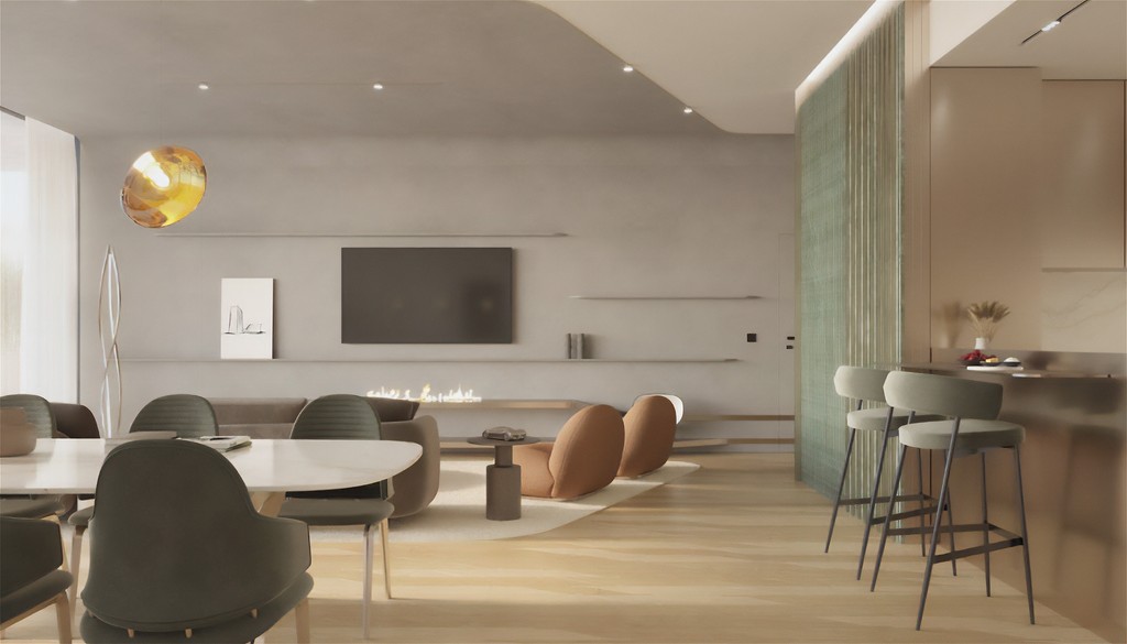 Contemporary bar area with sleek chairs and a table, located within Iconic Residences.