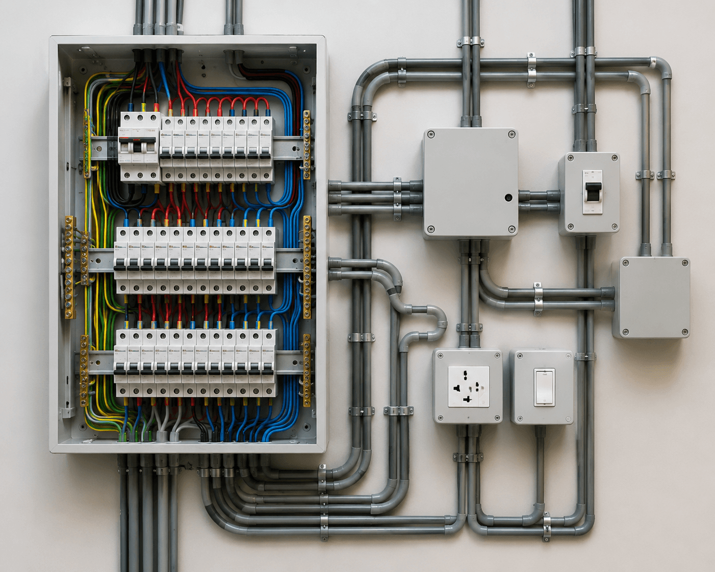 Electrical panel with organized circuit breakers, conduit, and wiring connections