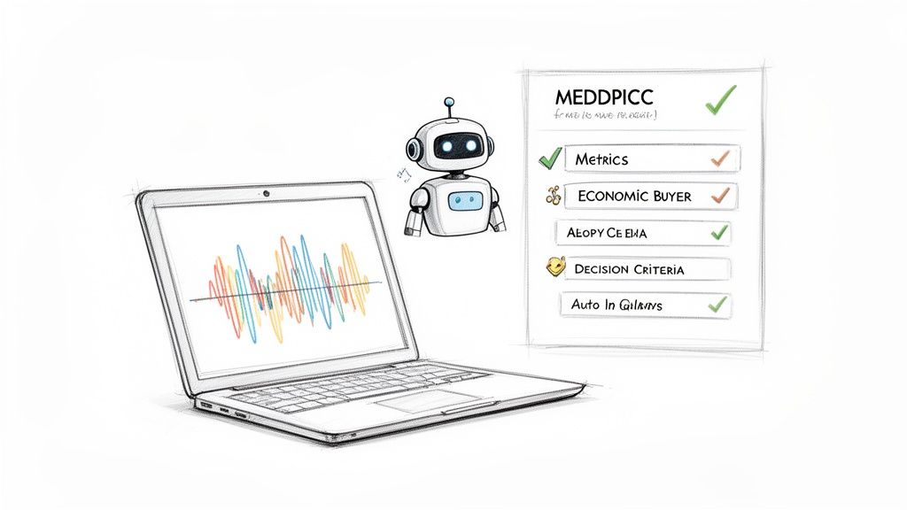 A robot assisting with a MEDDPICC sales checklist, shown beside a laptop displaying data waveforms.