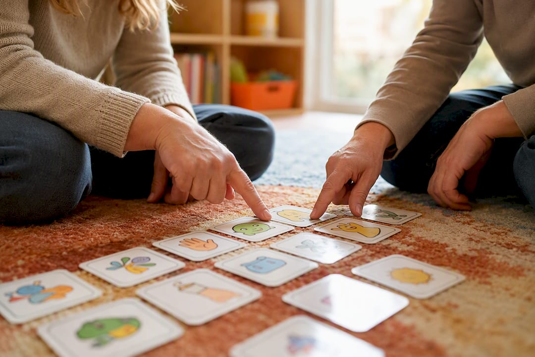 Hands collaborating with task cards on table