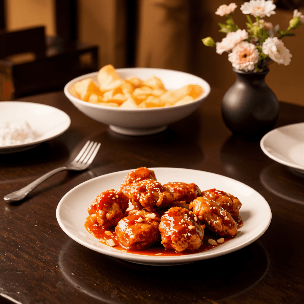 product photography of a plate of sweet and spicy fried chicken pieces