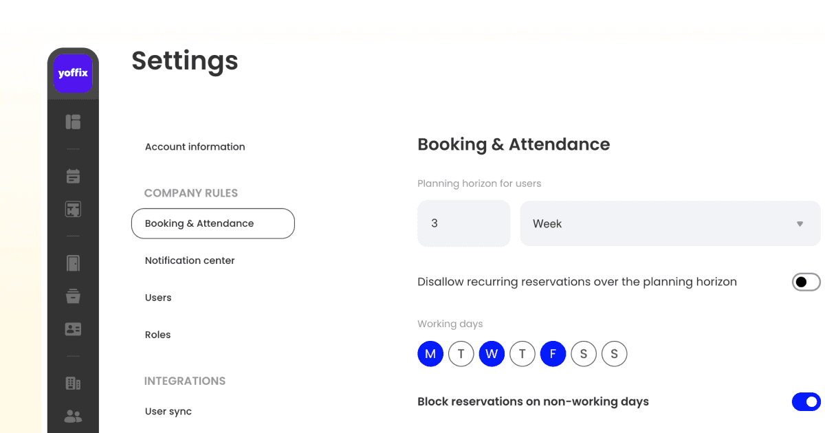 Yoffix app UI - Settings