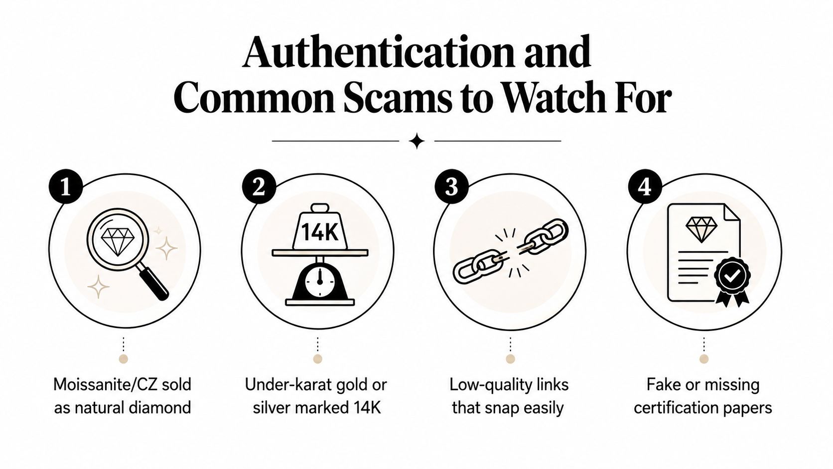 An infographic detailing four common jewelry scams, including fake diamonds, mislabeled gold, low-quality links, and missing documentation.