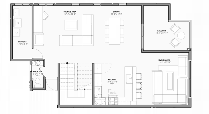 Plano de planta en 3D de un ático con cocina, comedor, salón, balcón y baño