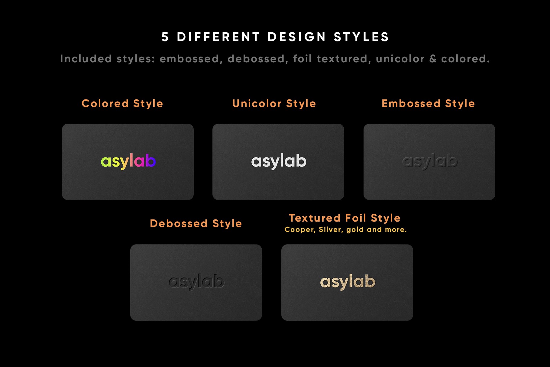 Five different business card design styles, including embossed, debossed, foil-textured, unicolor, and colored styles.