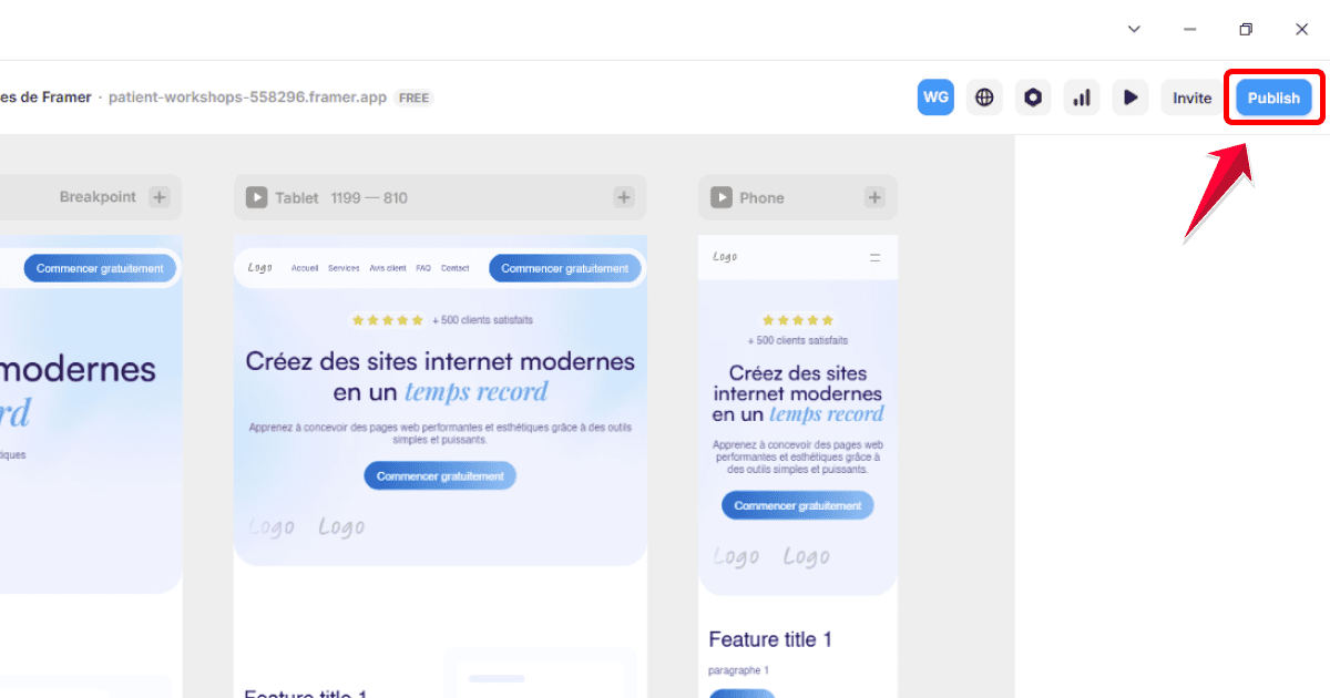 Aperçu responsive d’un site Framer sur mobile, tablette et desktop avant publication