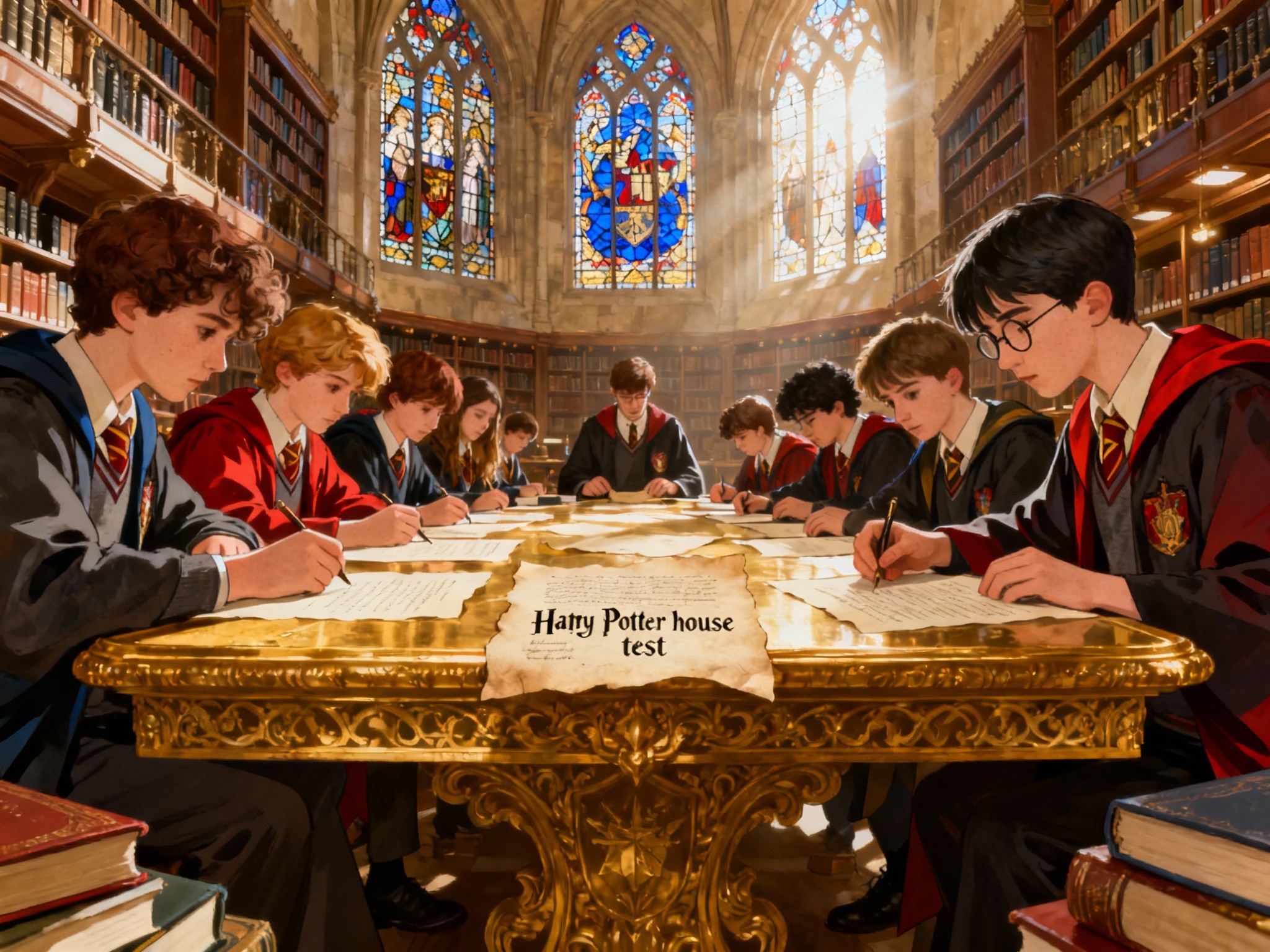 An expansive shot of a grand, sunlit Hogwarts Library at midday