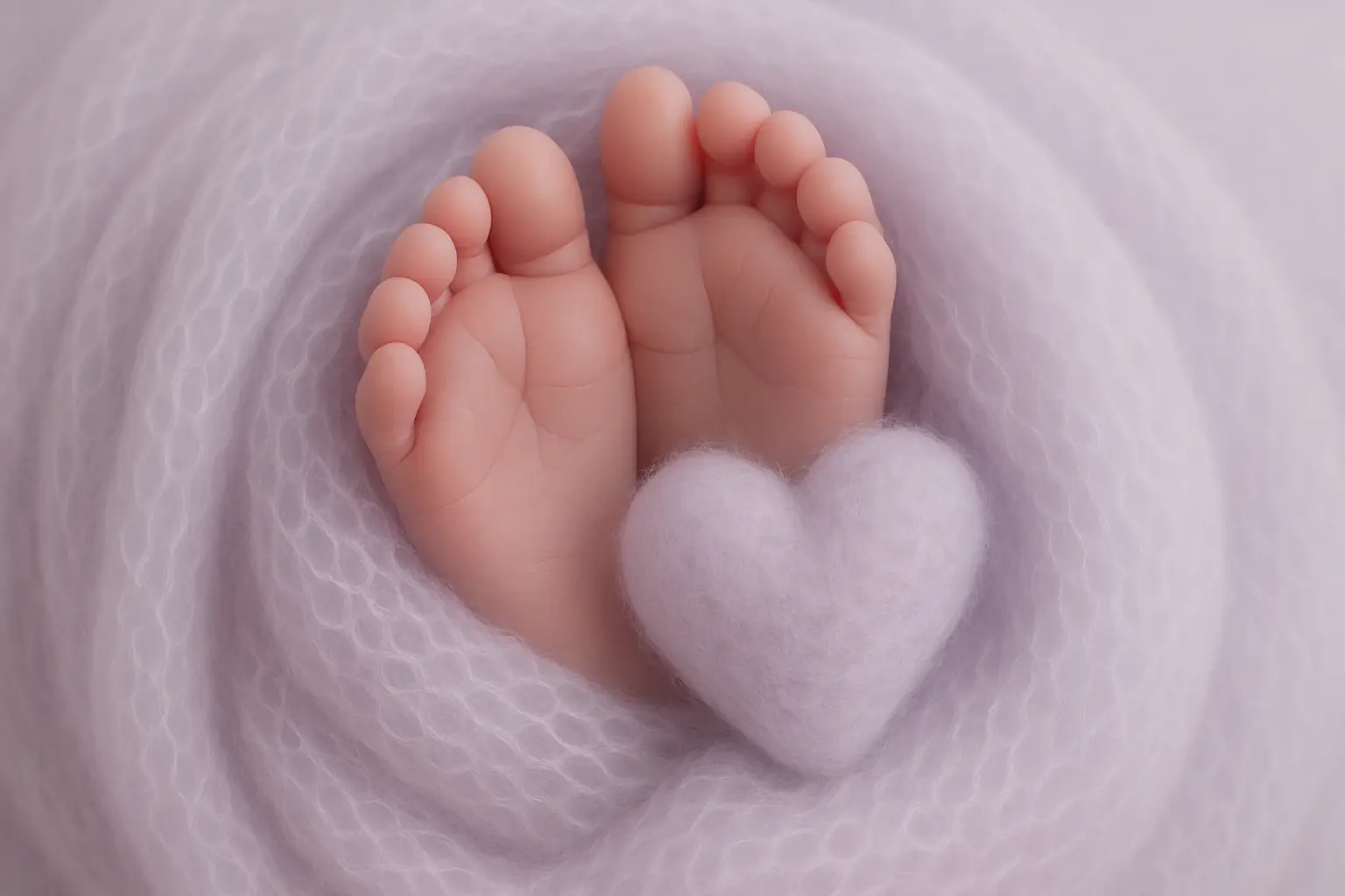 Close-up of newborn baby feet wrapped in a soft lavender knit blanket, with a small felt heart resting nearby, evoking a calm and gentle atmosphere.