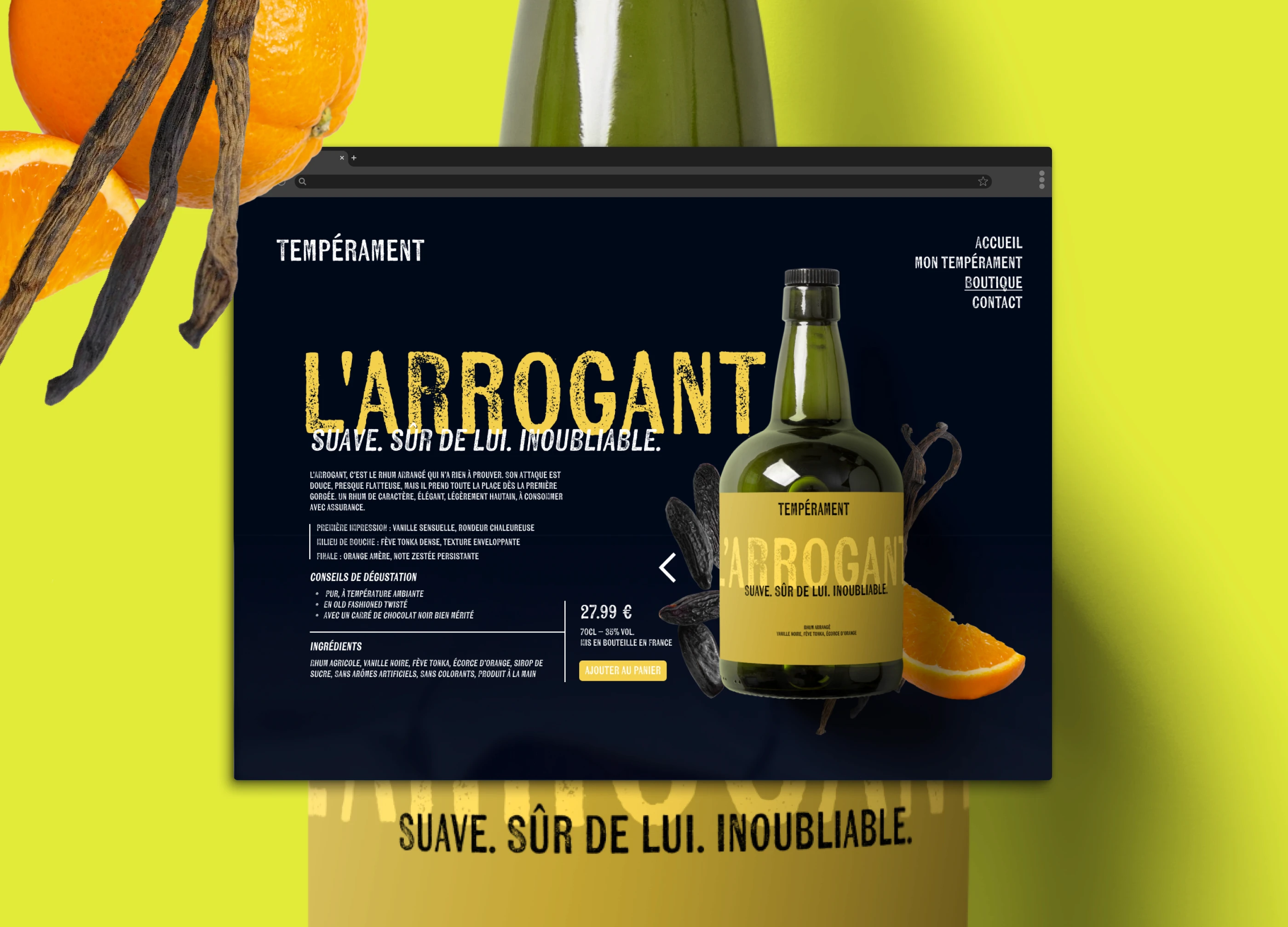 Maquette d'une fiche produit e-commerce pour le rhum "L'Arrogant" de la marque Tempérament. Design sombre, audacieux et immersif.