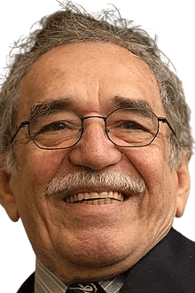 A close-up image of Gabriel García Márquez, the renowned Colombian author and Nobel Prize winner, smiling warmly. He is wearing glasses and has a distinct mustache, highlighting his iconic appearance. García Márquez is best known for his influential works in the genre of magical realism, including "One Hundred Years of Solitude" and "Love in the Time of Cholera."