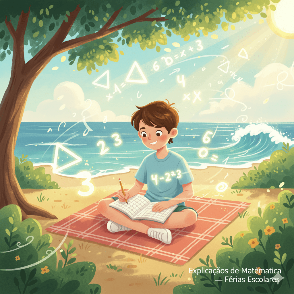 Criança a estudar matemática ao ar livre na praia durante as férias escolares com ambiente descontraído