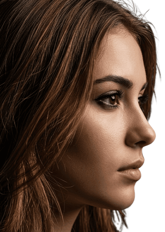 Close-up portrait of a woman looking sideways, VELA SOCIAL agency branding