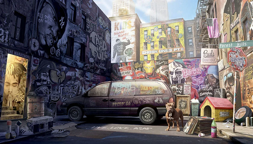 Décor d'un jeu PopCorn Garage, un paysage urbain New-Yorkais rempli de références rap us à retrouver.