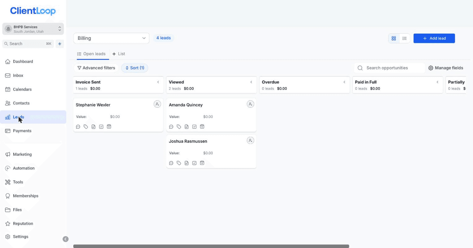 The billing board tracking invoices from sent to paid