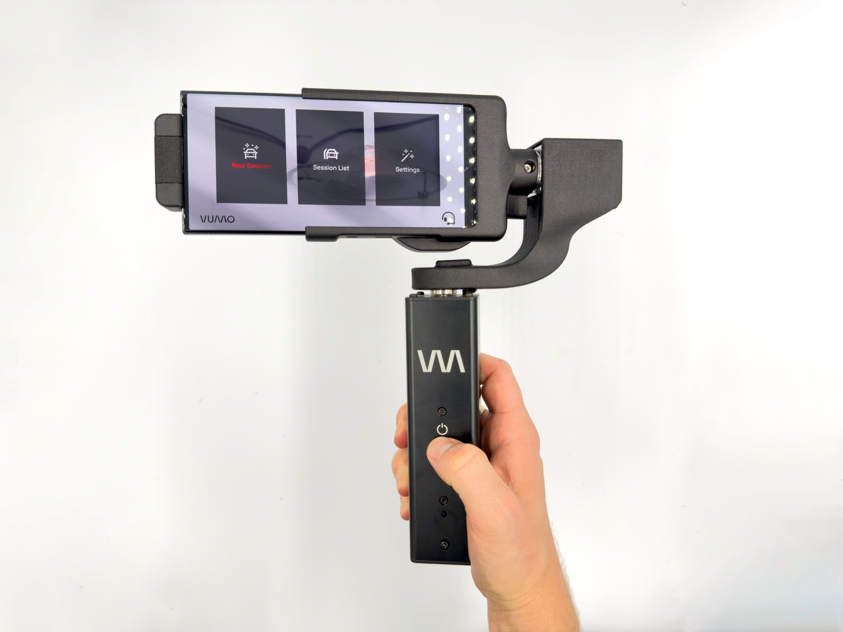 Gimbal with a phone attached, showing the main screen of a photo-taking app.