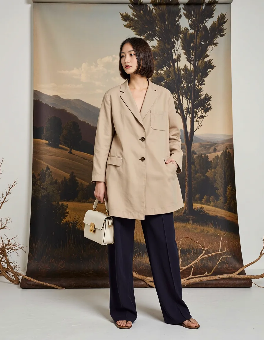 Fashion portrait featuring a beige blazer and navy pants against a painted landscape backdrop, styled with a white handbag.