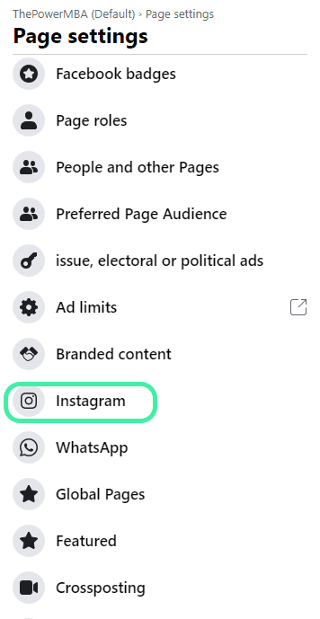 Page settings with Instagram