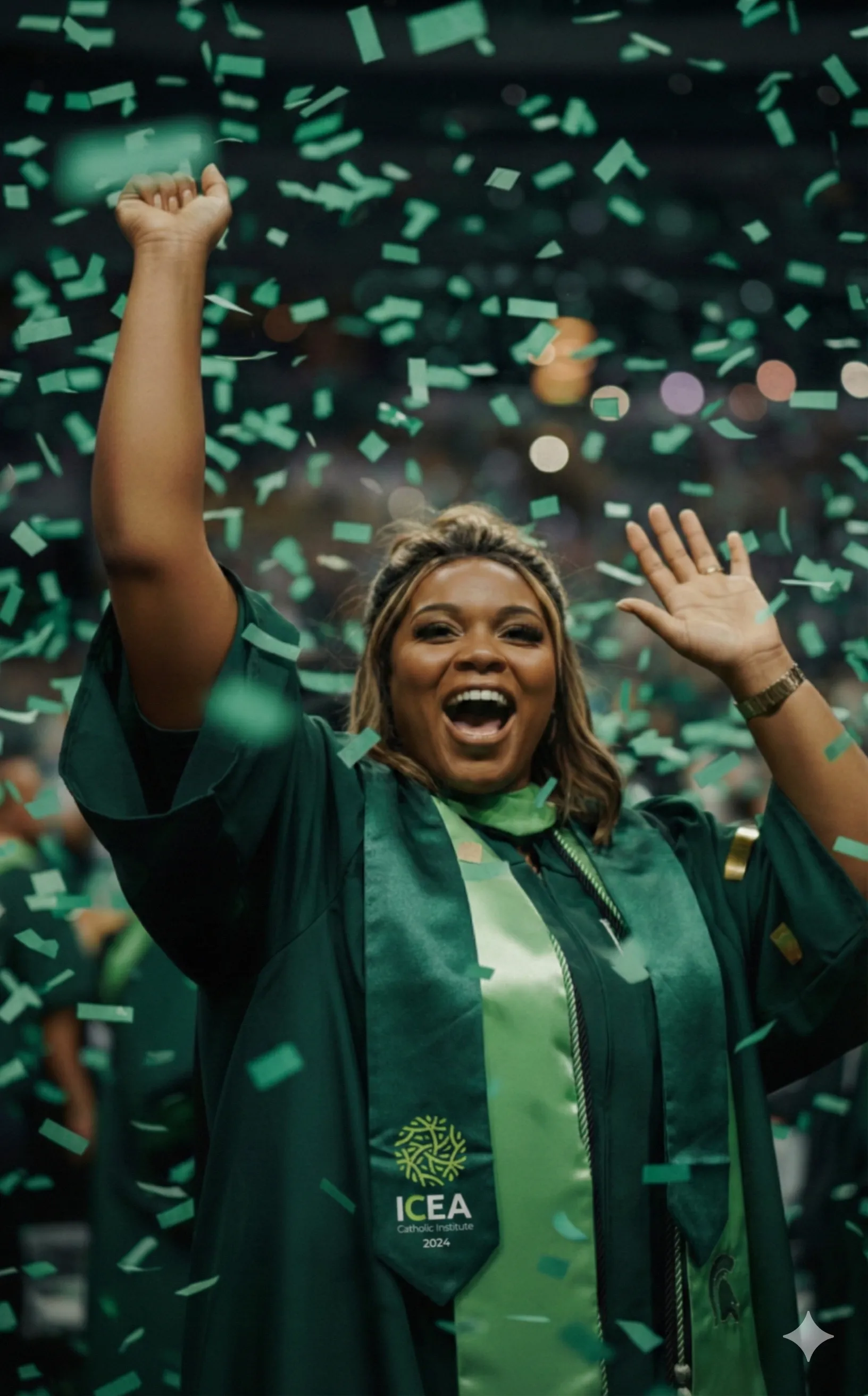 Jeune diplômée de l'ICEA Martinique en toge verte célébrant sa réussite sous une pluie de confettis, symbolisant l'excellence académique et la joie des diplômés de l'école.