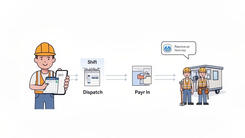 Illustration showing a construction worker managing shifts and dispatch leading to notifications for other workers.