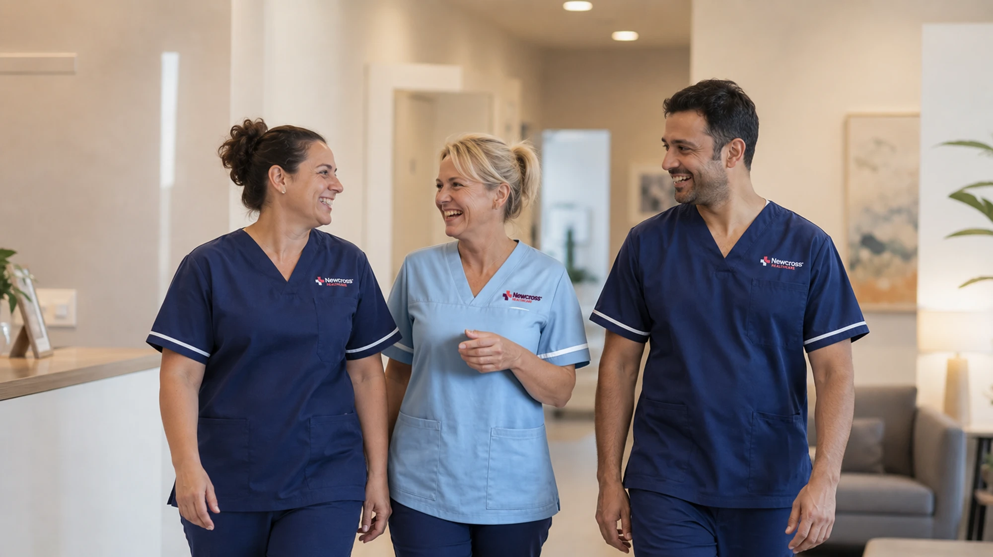 Three healthcare professionals in uniform walk together in a well-lit medical facility hallway, embodying teamwork and professionalism consistent with Newcross carers.